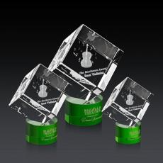 Klein 3D on Round Base Green Square / Cube Crystal Trophy - 3D Crystal Trophies