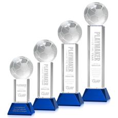 Soccer Ball on Tower Base Blue Globe Crystal Trophy - Crystal Globe Awards