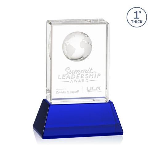 Awards and Plaques - Crystal Trophies - Stewart Globe on Base Blue Rectangle Crystal Trophy