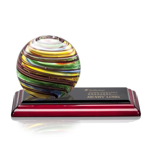 Awards and Plaques - Glass Trophies - Art Glass Trophies - Romano Globe on Rosewood Base Glass Trophy