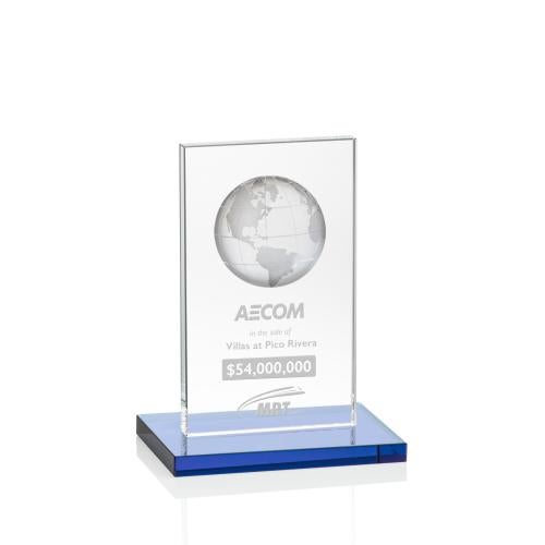 Awards and Plaques - Crystal Trophies - Shelton Globe Sky Blue Rectangle Crystal Trophy