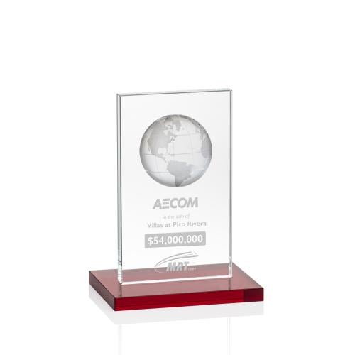 Awards and Plaques - Crystal Trophies - Shelton Globe Red Rectangle Crystal Trophy