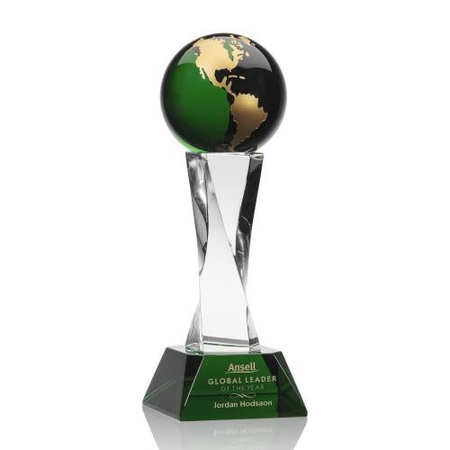 Awards and Plaques - Crystal Trophies - Crystal Globe Awards - Spirale Spire Green Globe Crystal Trophy