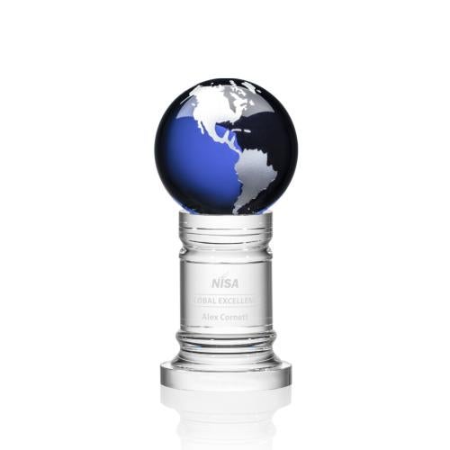 Awards and Plaques - Crystal Trophies - Crystal Pedestal Blue/Silver Globe Crystal Trophy