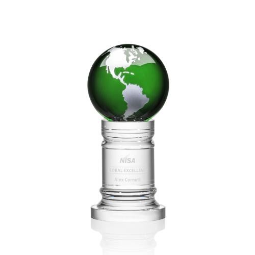Awards and Plaques - Crystal Trophies - Crystal Pedestal Green/Silver Globe Crystal Trophy