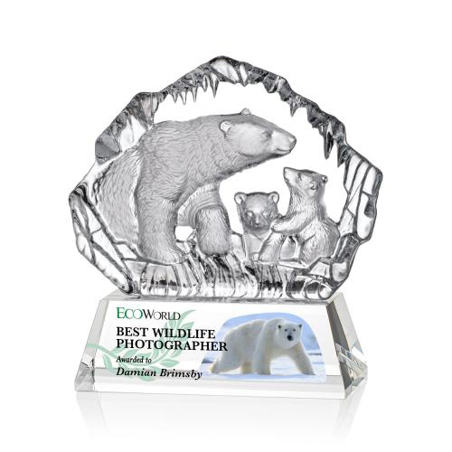 Awards and Plaques - Crystal Trophies - Reece Polar Bears Full Color Animals Crystal Trophy