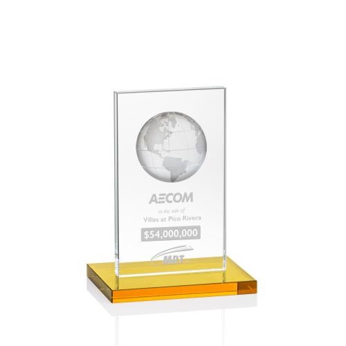Awards and Plaques - Crystal Trophies - Shelton Globe Amber Rectangle Crystal Trophy