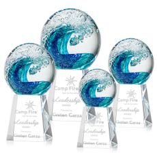 Ocean Wave Globe on Medium Crystal Base Glass Trophy - Art Glass Trophies