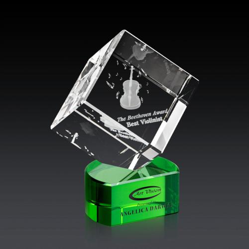 Awards and Plaques - Crystal Trophies - Klein 3D on Half Round Base Green Square / Cube Crystal Trophy