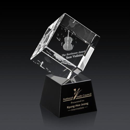 Awards and Plaques - Crystal Trophies - Klein 3D on Small Base Black Square / Cube Crystal Trophy