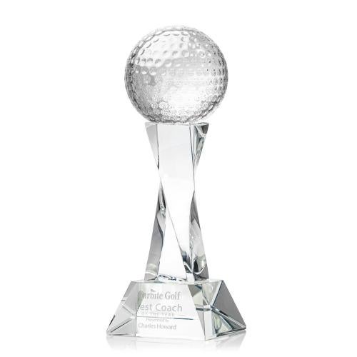 Awards and Plaques - Crystal Trophies - Golf Ball on Spirale Spire Base Clear Globe Crystal Trophy