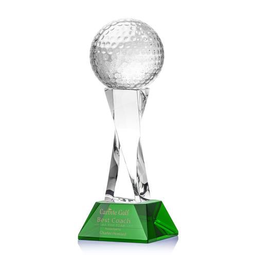 Awards and Plaques - Crystal Trophies - Golf Ball on Spirale Spire Base Green Globe Crystal Trophy