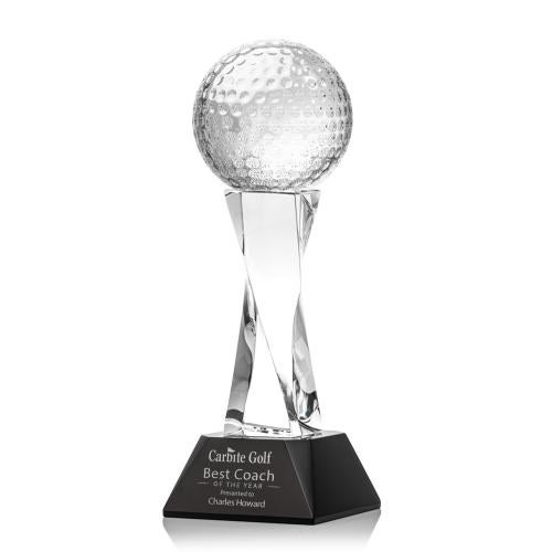 Awards and Plaques - Crystal Trophies - Golf Ball on Spirale Spire Base Black Globe Crystal Trophy