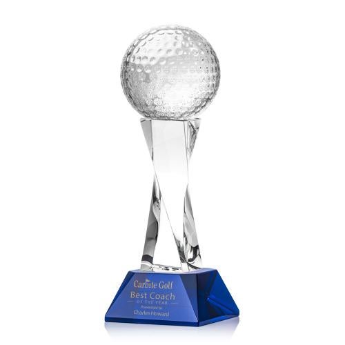 Awards and Plaques - Crystal Trophies - Golf Ball on Spirale Spire Base Blue Globe Crystal Trophy