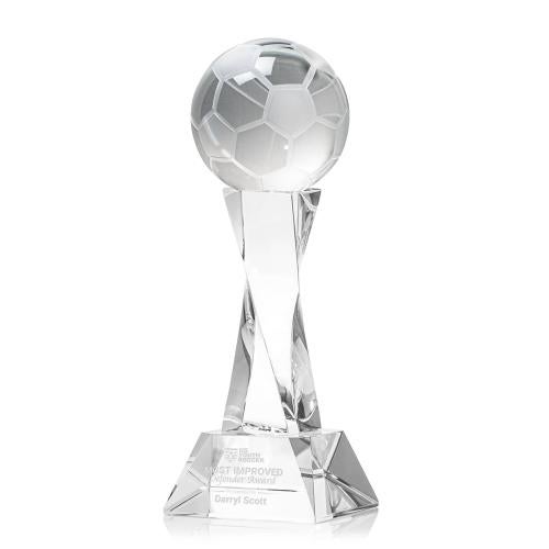 Awards and Plaques - Crystal Trophies - Soccer Ball on Spirale Spire Base Clear Globe Crystal Trophy