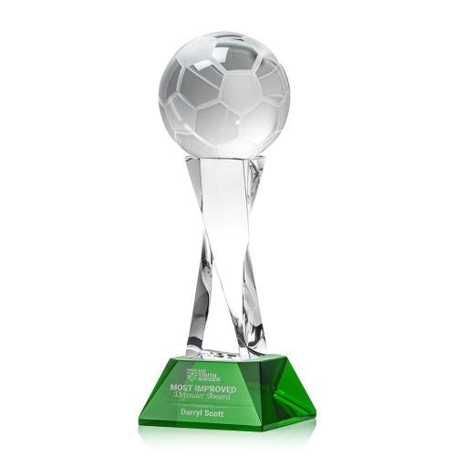 Awards and Plaques - Crystal Trophies - Soccer Ball on Spirale Spire Base Green Globe Crystal Trophy