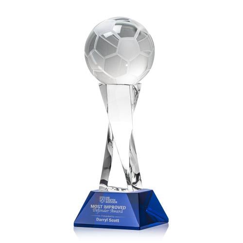 Awards and Plaques - Crystal Trophies - Soccer Ball on Spirale Spire Base Blue Globe Crystal Trophy