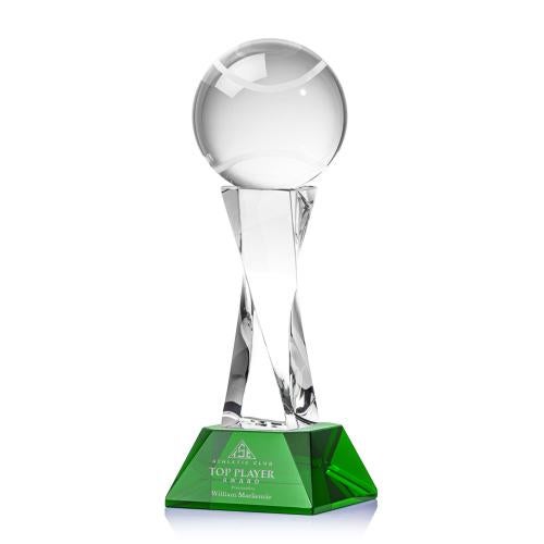 Awards and Plaques - Crystal Trophies - Tennis Ball on Spirale Spire Base Green Globe Crystal Trophy