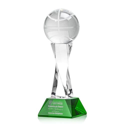 Awards and Plaques - Crystal Trophies - Basketball on Spirale Spire Base Green Globe Crystal Trophy