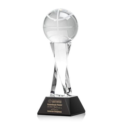 Awards and Plaques - Crystal Trophies - Basketball on Spirale Spire Base Black Globe Crystal Trophy