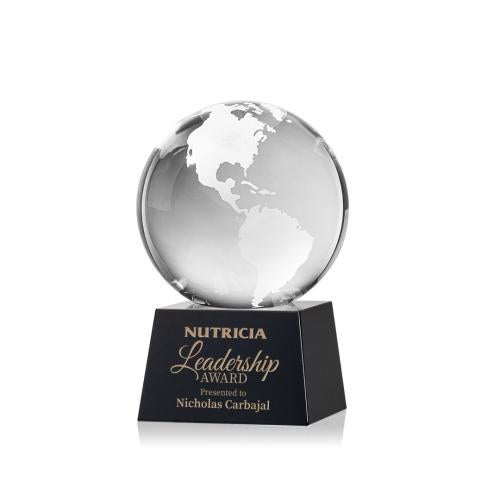 Awards and Plaques - Crystal Trophies - Globe on Small Base Black Globe Crystal Trophy