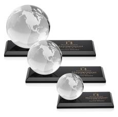 Globe on Rectangle Base Black Globe Crystal Trophy - Crystal Globe Awards