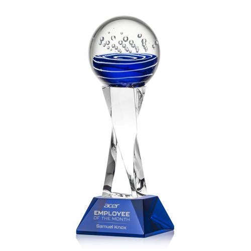 Awards and Plaques - Glass Trophies - Art Glass Trophies - Darby on Spirale Spire Base Blue Globe Glass Trophy