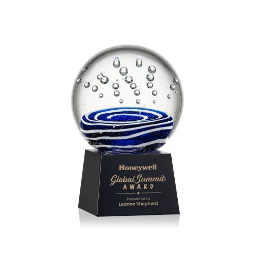 Awards and Plaques - Glass Trophies - Art Glass Trophies - Darby on Small Crystal Base Black Globe Glass Trophy