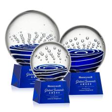 Darby on Small Crystal Base Blue Globe Glass Trophy - Glass Trophies