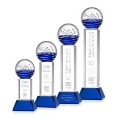 Darby on Tower Base Blue Globe Glass Trophy - Glass Trophies