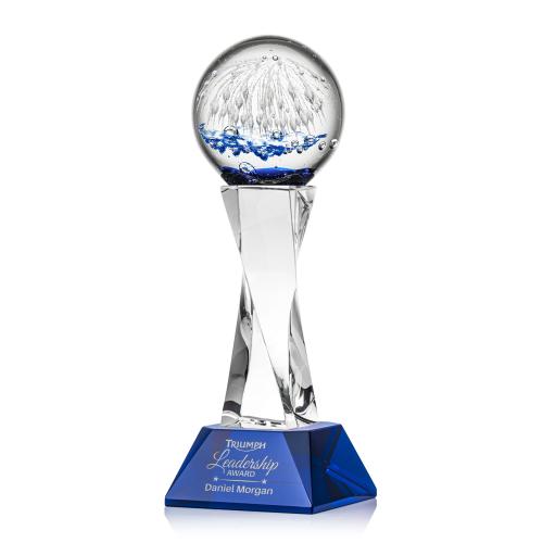 Awards and Plaques - Glass Trophies - Art Glass Trophies - Rudolph on Spirale Spire Base Blue Globe Glass Trophy