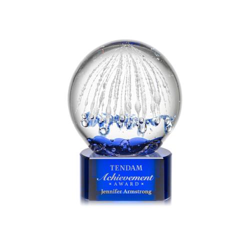 Awards and Plaques - Glass Trophies - Art Glass Trophies - Rudolph on Half Round Base Blue Globe Glass Trophy