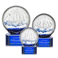 Rudolph on Half Round Base Blue Globe Glass Trophy - Glass Trophies