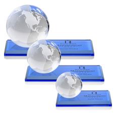 Globe on Rectangle Base Sky Blue Globe Crystal Trophy - Glass Trophies