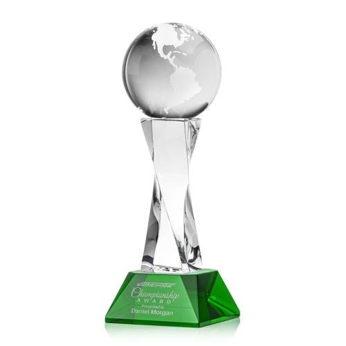 Awards and Plaques - Crystal Trophies - Globe on Spirale Spire Base Green Globe Crystal Trophy