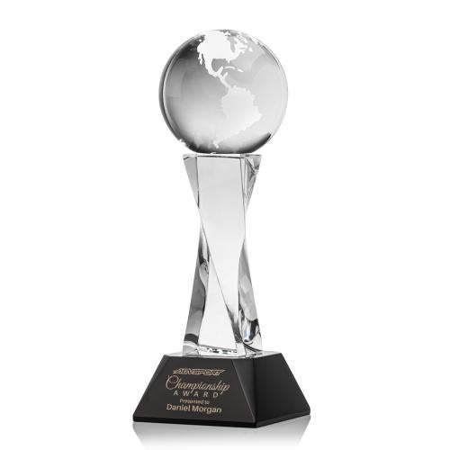 Awards and Plaques - Crystal Trophies - Globe on Spirale Spire Base Black Globe Crystal Trophy