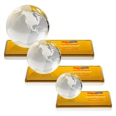 Globe Full Color on Rectangle Base Amber Globe Crystal Trophy - Crystal Globe Awards