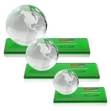 Globe Full Color on Rectangle Base Green Globe Crystal Trophy - Crystal Globe Awards