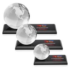 Globe Full Color on Rectangle Base Black Globe Crystal Trophy - Crystal Globe Awards