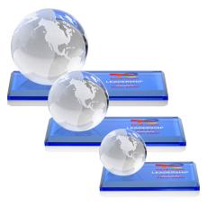 Globe Full Color on Rectangle Base Sky Blue Globe Crystal Trophy - Crystal Globe Awards