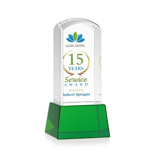 Awards and Plaques - Crystal Trophies - Silkwood Full Color on Base Green Towers Crystal Trophy