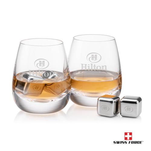 Custom Barware Glasses - Whisky Glasses - Swiss Force&reg; S/S Ice Cubes & 2 Dimasio OTR