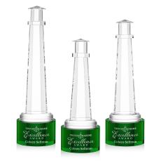 Lighthouse on Round Base Green Obelisk Crystal Trophy - Crystal Trophies