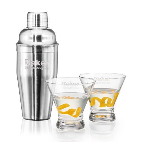 Custom Barware Glasses - Cocktail Glasses - Barrera Shaker & Lujan Martini Set