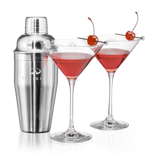 Custom Barware Glasses - Cocktail Glasses - Barrera Shaker & Santiago Martini Set