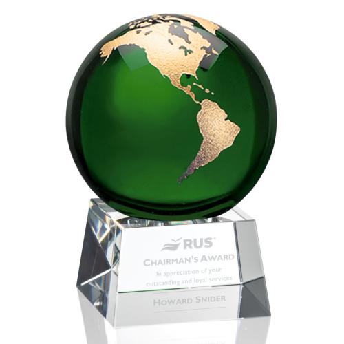 Awards and Plaques - Crystal Trophies - Avila Green Globe Crystal Trophy