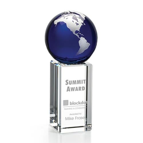 Awards and Plaques - Crystal Trophies - Caballero Blue/Silver Globe Crystal Trophy