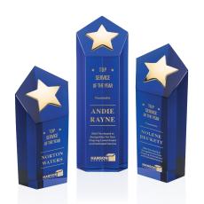 Shields Gold Star Blue Polygon Crystal Trophy - Crystal Trophies