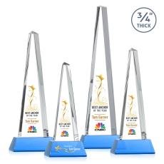 Womack Tower Full Color on Helton Base Sky Blue Towers Crystal Trophy - Crystal Trophies