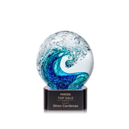 Awards and Plaques - Glass Trophies - Art Glass Trophies - Ocean Wave on Half Round Black Globe Glass Trophy